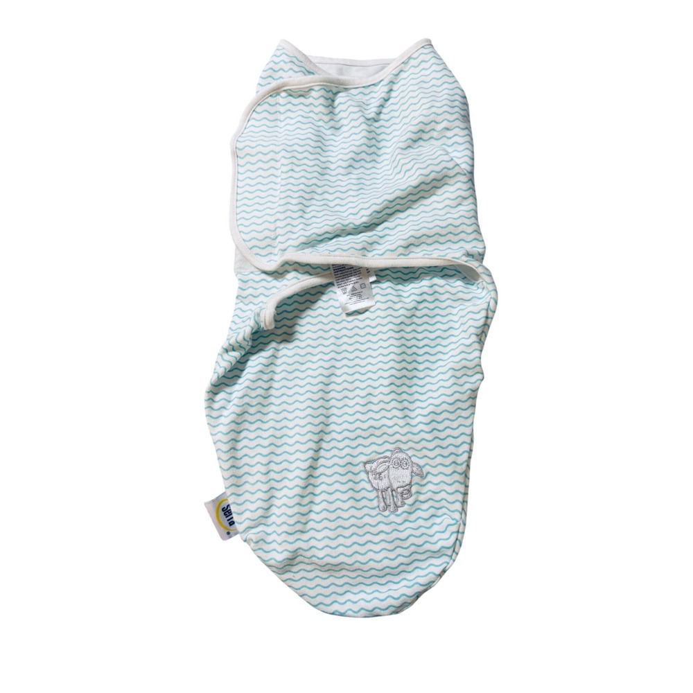NWOT Serta 100% Cotton Swaddle Blue White Wave Embroidered Sheep Size Large‎